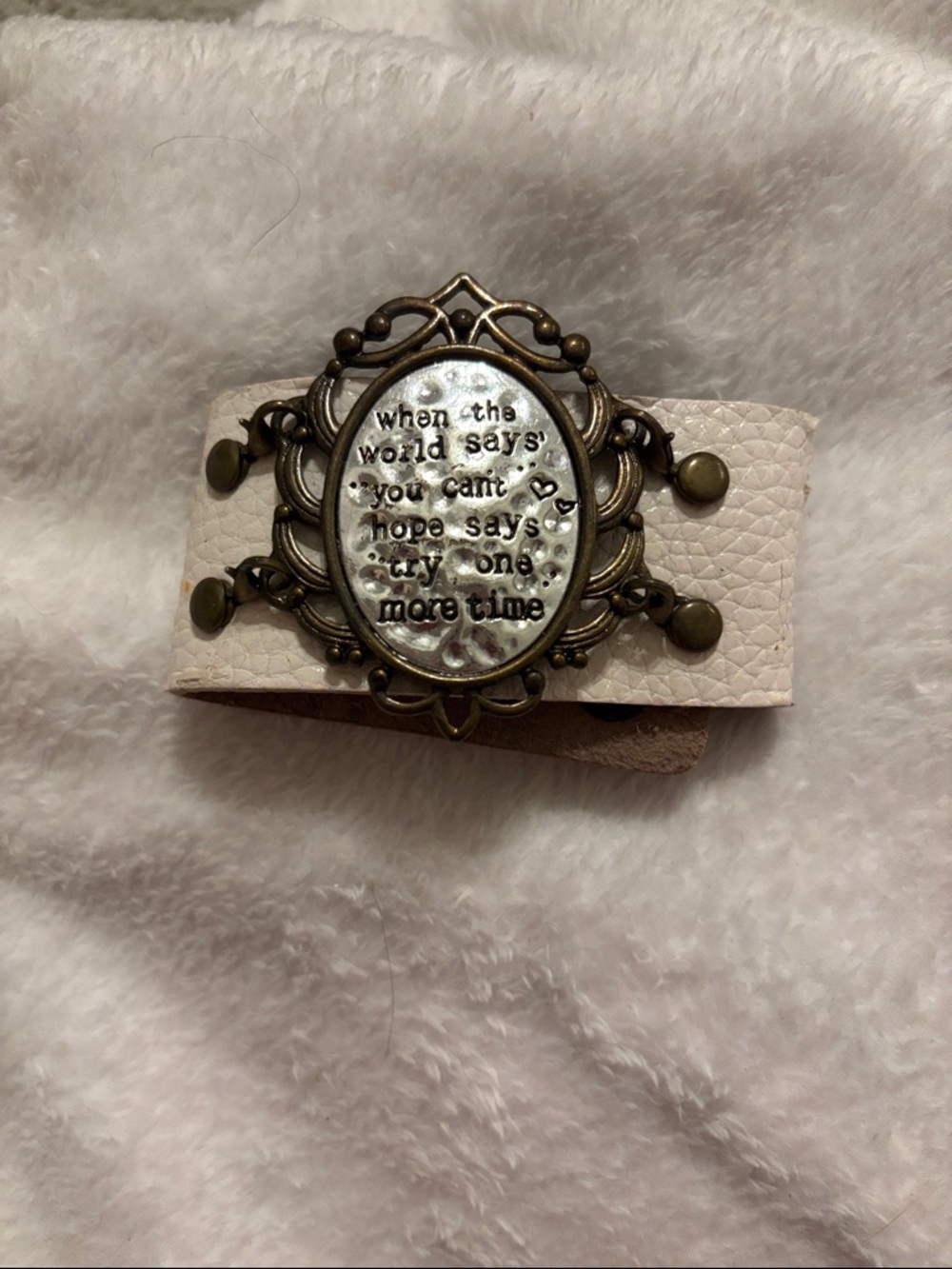 Plunder Ivory White Leather Statement Bracelet with Antiqued Brass Medallion